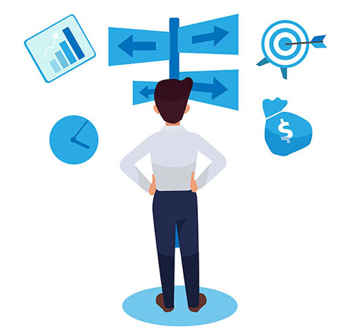Serious, hardworking employee standing on the middle side , facing backward, holding his waist illustration, marketing strategy with graphs and symbols. Leadership